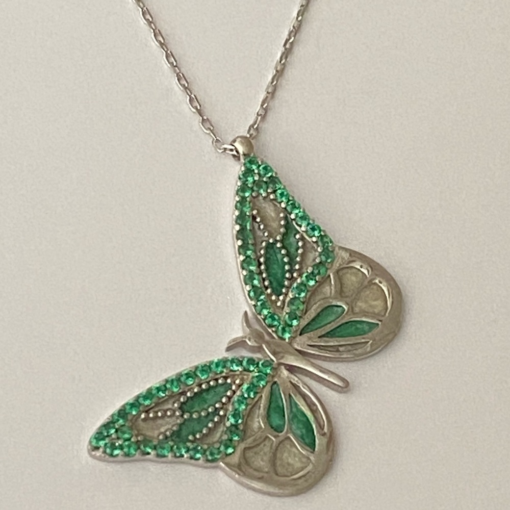 925 Silver green butterfly necklace cz cubic zirconia stones enamel